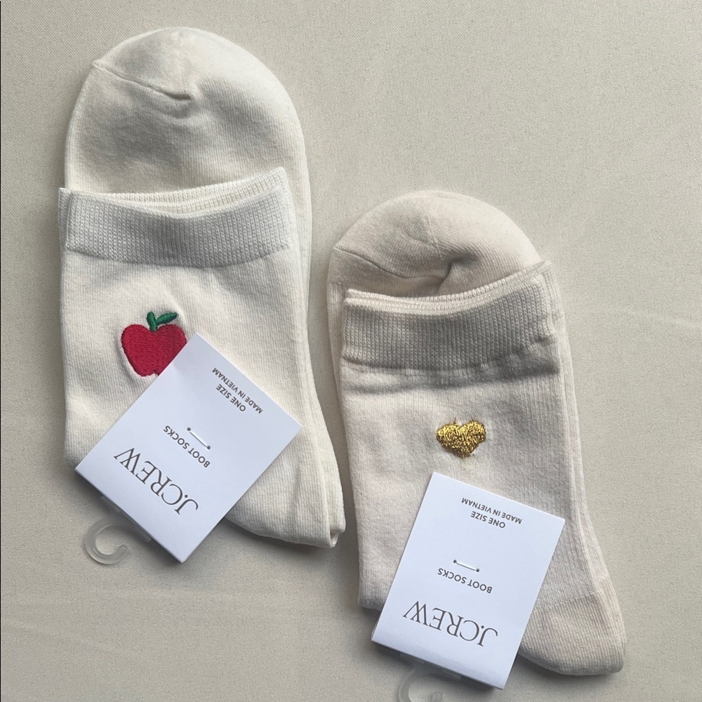 J. Crew Cream Boot Socks with Apple and Heart Embroidery 2 Pack - Picture 2 of 9
